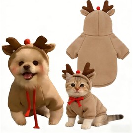 Disfraz de Reno Navideño para Perros y Gatos,udadera con Capucha para Mascotas, Ropa para Perro Suave y Cómoda para Perros Pequeños y Medianos, Gatos en Clima Frío (S)