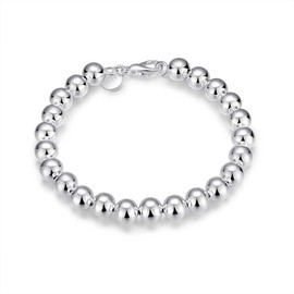 PMANY 925 Sterling Silver Plated Round Beads Bracelet, 8mm
