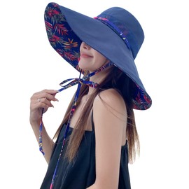 6" Extra Wide Brim Sun Hats UPF 50+ UV Protection Packable Beach Hat Strap Women (Navy)