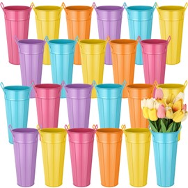 Lallisa 24 Pcs Metal Vases 9 Inch Galvanized French Farmhouse Flower Buckets with Handles and Hemp Rope, Vintage Style Flower Containers for Country Wedding Party Table Centerpiece Decor (Colorful)