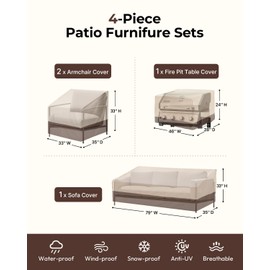 Loriano 4 Piece Patio Furniture Cover Set, Heavy Duty 600D Oxford Outdoor Sofa Chair and Gas Fire Pit Table Cover Combo, 100% Waterproof, Windproof & Tear-Resistant Lawn Furniture Covers, Beige