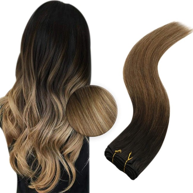 JoYoung Hair Wefts Human Hair Sew in 22inch 100g Balayage Darkest Brown to Medium Brown with Caramel Blonde Bundles Weft Hair Extensions