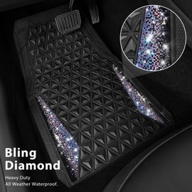 CAR PASS Bling Rubber Car Mats Diamond Floor Mats Full Set Anti-Slip 3D Rhombus Waterproof Universal Trim Fit Liner Glitter Crystal Sparkly Shining Rhinestone Girl Women SUV Sedan Van Colorful Diamond
