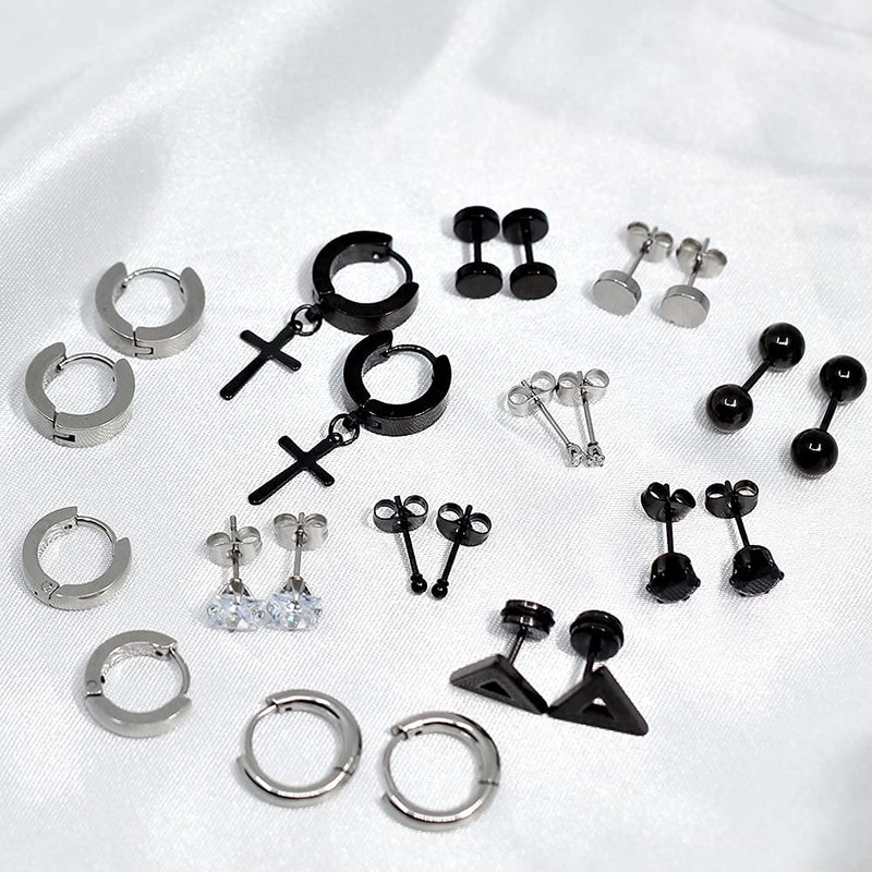 Men's Earrings, Hoop Earrings, Ring, Studs, Crosses, Stainless Steel, 12