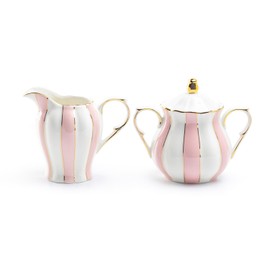 Grace Teaware Pink and White Scallop Fine Porcelain Sugar and Creamer Set with Gold Trim