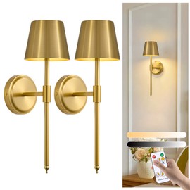 Hillsboro Battery Operated Wall Sconce Set of 2, Cordless 5000mAh Gold Rechargeable LED Wall Lights, Remote Control 3 Colors Dimmable Wireless Wall lamp for Bedroom Living Room Hallway