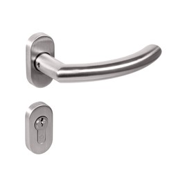 Gedotec Cuba Door Handle Set Garden Gate Door Fitting Stainless Steel L Shape on Oval Rosette | Lisbon | Handle Set PZ - Profile Cylinder | 1 Pair - Door Set with Mounting Material