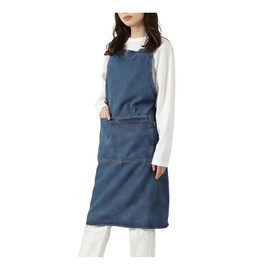 JUNA KOOK Women's Denim Apron, Stylish, Cute, Scandinavian Dress Apron, Long, Maxi Length, Hides Your Buttocks, One Piece, Large, Body Cover, 100% Cotton, Pockets, Plain, Simple, Cafe, Nursery