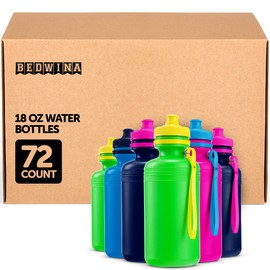 Bedwina Bulk Water Bottles For Kids - (Bulk Pack of 72) 18 Oz - 7.5 Inch BPA-Free Plastic Water Bottles w/Pop-up Tops for Summer, Reusable Water Bottles Bulk for School, Sports Birthday Party Favors
