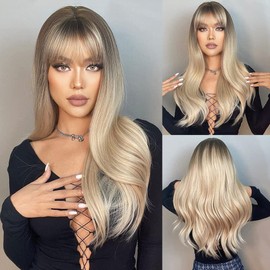 HAIRCUBE Long Wave Blonde Wig with Bangs,Ombre Blonde Wigs for Women Heat Resistant Fiber Synthetic Wigs for Daily Use