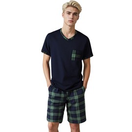LANBAOSI Mens Short Pajamas Set Summer Top & Plaid Shorts Sleep PJ Set Soft Sleepwear with Pockets