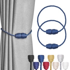 Pretty Jolly 2 Pack Strong Magnetic Curtain Tiebacks Handmade Weave Side Rope Curtain Holdbacks Unique & Elegant Decorative Curtain Drape Tie Backs for Home & Office Window Drapery (Navy)