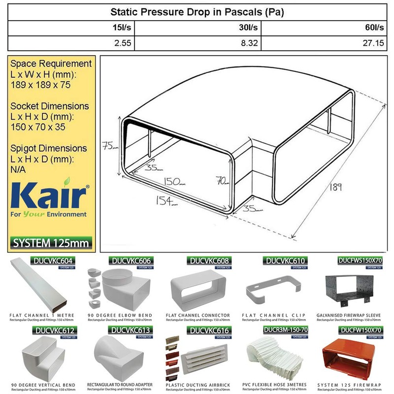 Kair 90 Degree Horizontal Elbow Bend 150mm x 70mm -