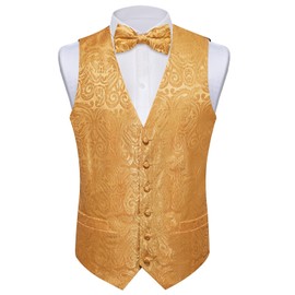 DiBanGu Silk Paisley Vest for Men Formal Suit Waistcoat and Bowtie Lapel Pin Set 7PCS Dress Vest for Suit or Tuxedo, Gold, Medium
