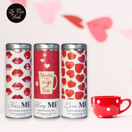 La Tea Dah Hugs and Kisses Tea Gift Basket | Care Package with Three Specialty Tea Flavors, Honey Stirrers, and Valentine Gift Box | BDay Gift for Women | Premium Tea Assortment Gift Set