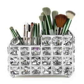 Crystal Makeup Brush Holder, One-Piece Square Brush Organizer, Cosmetics Brush Storage Container for Table, Dresser, Bathroom, Bedroom Organization (Silver)