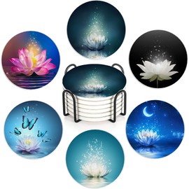 Water Lily Set of 6 Coasters Absorbent Ceramic Drink Mats with Cork Base & Metal Holder, Spill Protectors for Mugs/Cups, Cheerful Home/Bar Decor