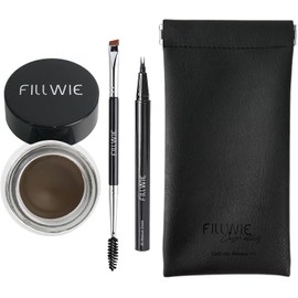 Kit de pomada para cejas, lápiz líquido para cejas con microblading de 2 puntas, kit para cejas con cepillo en ángulo y estuche de PU para viaje (marrón medio)