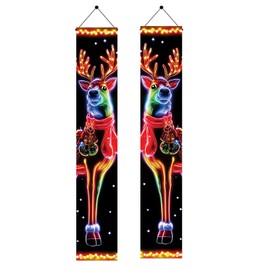 Saoplasa 2PCS Christmas Porch Banners 71 x 12 Inch Neon Reindeer Holiday Door Decorations LED Style Lighted Outdoor Hanging Signs for Xmas Party Front Entryway Yard Wall Festive Winter Welcome Display