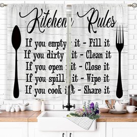 Famiffty Kitchen Rules Curtains 27.5W X 39L Inch 2 Panels Rod Pocket Rustic Farmhouse Funny Vintage Modern Small Short Cafe Curtains Wood Inspirational Window Drapes Treatment Bathroom Home Decor