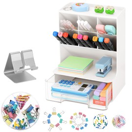 LETURE Desk Organizers and Accessories with Drawer, Pen Pencil Marker Organizer for Desk, Office Supplies Desk Stationary Organizer Caddy + Mobile Phone Holder / 68 Clips Set (White)