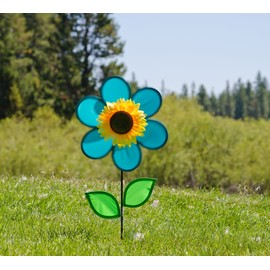 In the Breeze 2776 — 12-inch Teal Sunflower Wind Spinner with Leaves — Colorful Flower for Yard and Garden