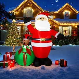 6 FT Christmas Inflatable Santa Claus+ Reindeer Peeking Out from Santa’s Sack— Lighted Blow Up Yard Decoration, Festive Outdoor Holiday Display with LED Lights, for Lawn/Garden/Home