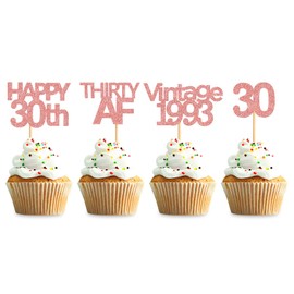 Keaziu Paquete de 36 adornos para cupcakes de 30 cumpleaños de oro rosa clásico 1993 Happy 30th Cupcake Toppers 30 AF, decoración para fiestas de cumpleaños de 30 años