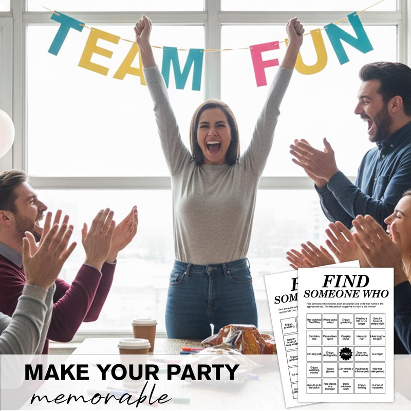 Find Someone Who Bingo Cards, 25 Unique Randomized 5x7 Sheets,