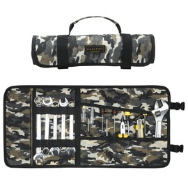 Tool Roll Bag Organizer, Heavy Duty 16OZ Waxed Canvas Roll Up Tool Pouch - 12 Slots + Elastic Band + 1 Zipper Pocket - Camouflage, Multi-Purpose Tool Storage Roll for Builder Engineer Craftsman
