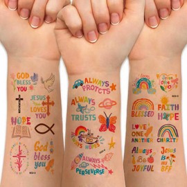 Christian Temporary Tattoos - 200 PCS Color Christian Bible Verse Tattoos Temporary for Kids Rainbow Christian Party Favors Gifts Decorations Supplies God Bless Temporary Tattoos Fake Face Tattoo Q745