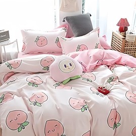 Tabeskly Kids Girls Bedding Set Single, Pink Strawberry Cute Soft Zipper Childrens Full Bed 3 Piece Cover Duvet Quilt Covers and Pillowcases - Small Mildly Cosy Budget Bedclothes 135×200cm