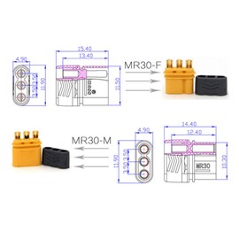 VUNIVERSUM 2 Pairs 4 Pieces Premium MR30 R30 Original Amass 3-Pin Gold Plug Socket for Multirotor Brushless Motor High Current Reverse Polarity Proof Male Female Plug Connector RC