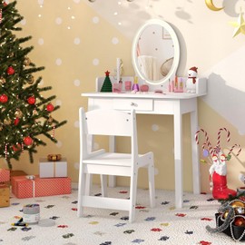 MAT EXPERT Kids Vanity w/Lighted Mirror, 2 in 1 Wooden Kids Vanity Table and Chair Set, Princess Makeup Toddler Vanity Dressing Table w/Storage Drawer Jewelry Rack, Pretend Play Girls Vanity (White)