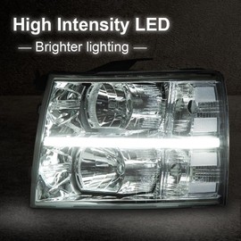 ALLGOOD LED DRL Headlight Assembly Compatible with 2007-2013 Chevy Silverado 1500/2007-2014 Silverado 2500 3500 2500HD 3500HD Chrome Housing Lamp(White cover white frame white reflector)