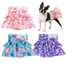 Pet Soft Female Dog Diapers - 3Pack Washable Dress-Style Dog Diapers Female for Girl Dog in Heat - Reusable Dog Period Panties|Puppy Diapers Female (Flower Dress, XL)