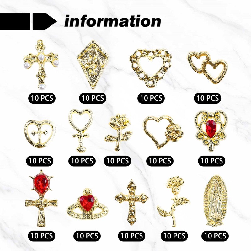 140 Pieces Of Golden Nail Jewelry, 3D Nail Art Pendant,