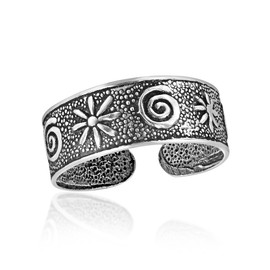 AeraVida Spiral and Starburst Adjustable .925 Sterling Silver Toe or Pinky Ring | Open Band Unisex Silver Ring | Vintage Boho Style Comfortable Daily Wear Jewelry