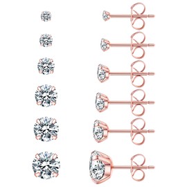 6 Pairs Stud Earrings Hypoallergenic Cubic Zirconia 316L Earrings Stainless Steel CZ Earrings Set 3-8mm (Rose gold)