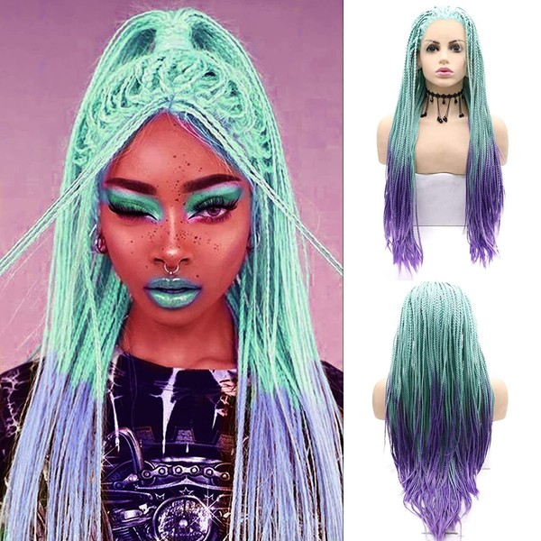 Braids Synthetic Hair Braided Wigs for Black Women Blue Purple Ombre Realistic Long Lace Frontal Braid Heat Resistant Fiber Wig for Women Cosplay Costume Daily