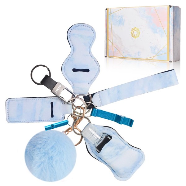 EIOUMAX Safety Keychain Set,Emergency Whistle,Pompom Keychain,Gift for Men and Women(Blue)