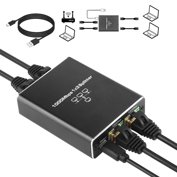 SinLoon LAN Splitter 1 to 3, 1000/100 Mbps Ethernet Switch, 3 Port Gigabit Network Switch, Network Splitter with USB Power Cable, Suitable for Computers, Hubs, Switches, Routers, ADSL etc.