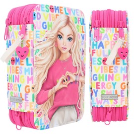 Depesche 11970 TOPModel SelfLove - Filled 3-Compartment Pencil Case with Model Motif, Colourful Font Design and Pendant, Pink Pencil Case with Coloured Pencils, Ruler, Scissors and Much More,