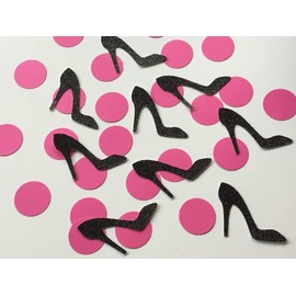 Black Glitter High Heel Shoe Confetti - Pink Dots and Black Shoes - Stiletto Confetti - 200 Pieces total