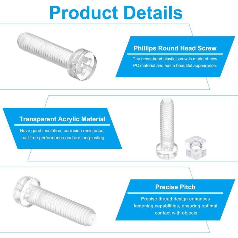 PATIKIL M3x8mm Acrylic Screws with Hexagon Nuts, 30 Set, Transparent