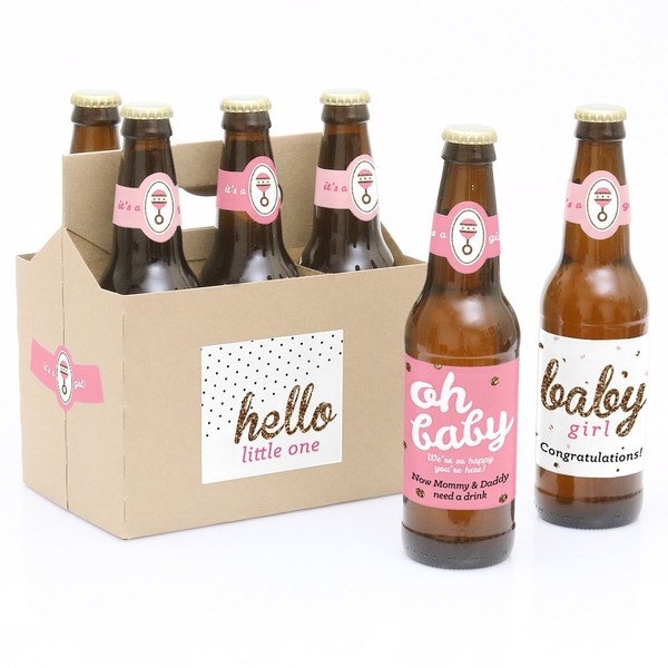 Hello Little One - Pink and Gold - 6 Baby Shower Beer Bottle Labels with 1 Beer Carrier