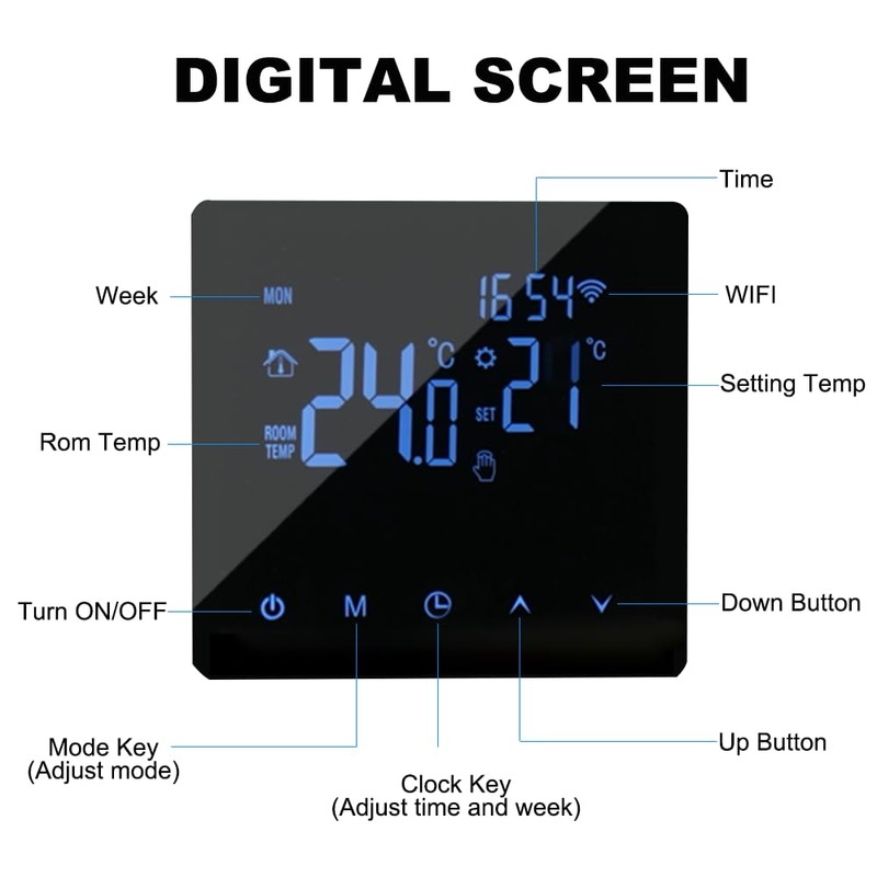 WiFi Smart Thermostat Temperature Controller for 16A Electric Heating LCD