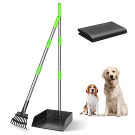 TOOGE Larger Pooper Scooper for Large Dogs, Dog Pooper Scooper Long Handle Stainless Metal Tray and Rake Set for Large Medium Small Dogs Heavy Duty (Green) (Extra Large)