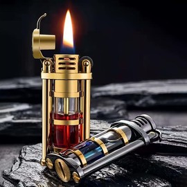 1 Piece, Retro Grinding Wheel Lighter, Windproof Transparent Fuel Tank Refillable Lighter, Creative Retro Metal Kerosene Lighter, Best Gift for Men's Dad and Husband (Fuel Not Included), Grinding Wheel, Lighter - Color: Brass