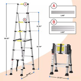 Telescopic Step Ladder Aluminium Alloy Extension Extendable Folding Loft Ladders 6+7 Step/2M+2.3M (6.6ft + 7.5ft)